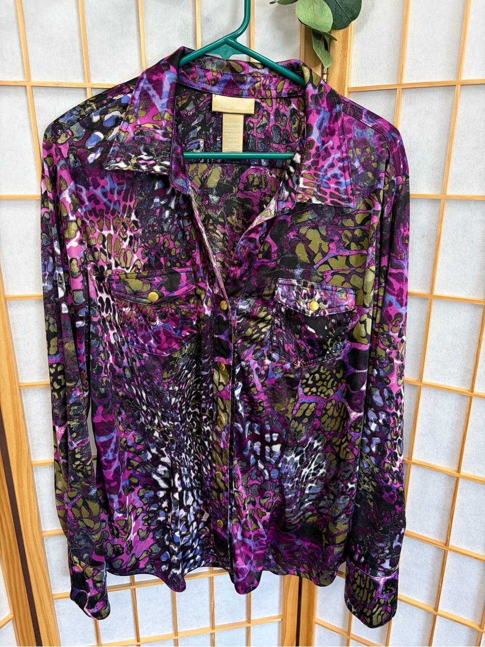 Miss Tina Purple Green Animal Print Button-Up Blouse